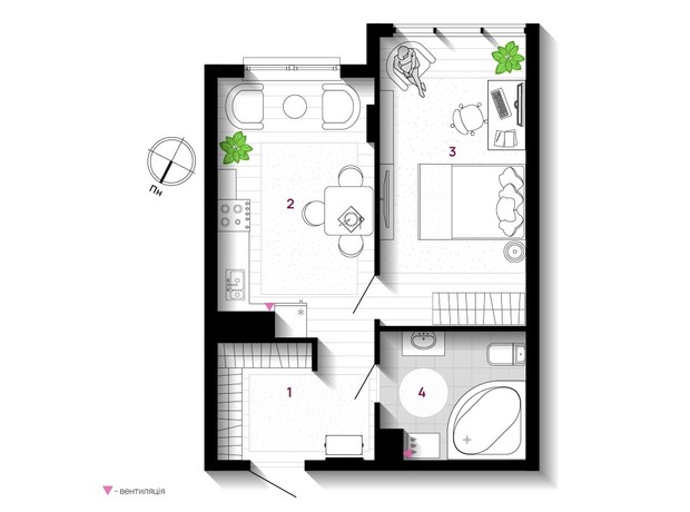 ЖК U One: планировка 1-комнатной квартиры 44 м²