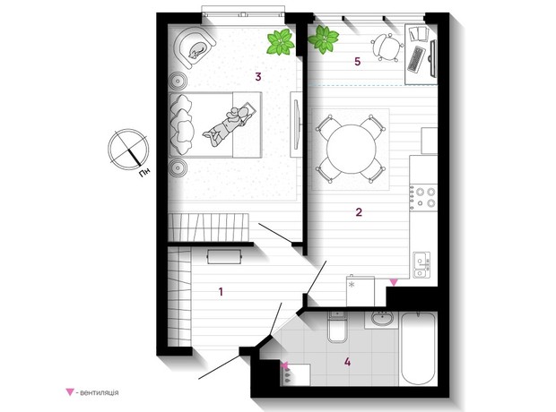 ЖК U One: планировка 1-комнатной квартиры 45 м²