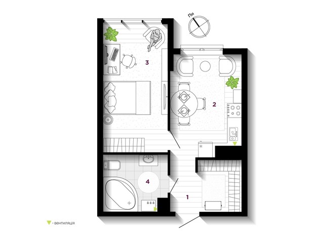 ЖК U One: планировка 1-комнатной квартиры 42 м²