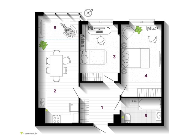 ЖК U One: планування 2-кімнатної квартири 64 м²