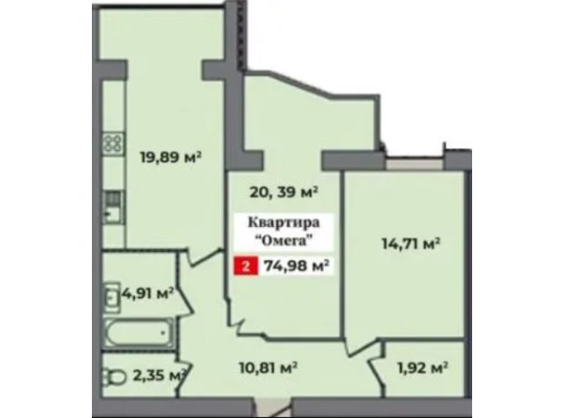 ЖК Корона Дубово: планировка 2-комнатной квартиры 74.98 м²