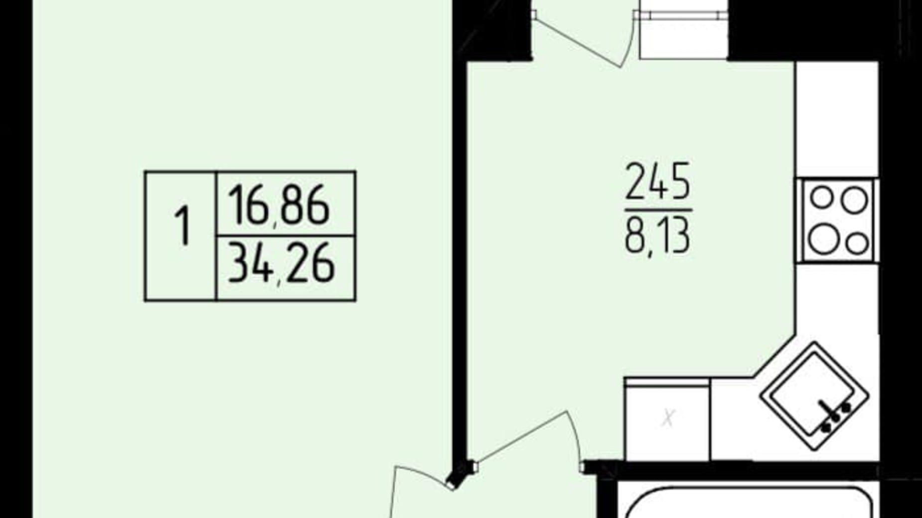 Планировка 1-комнатной квартиры в ЖК Амстердам 34.26 м², фото 612307