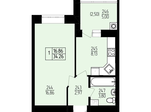 ЖК Амстердам: планировка 1-комнатной квартиры 34.26 м²