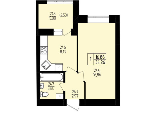 ЖК Амстердам: планування 1-кімнатної квартири 34.26 м²