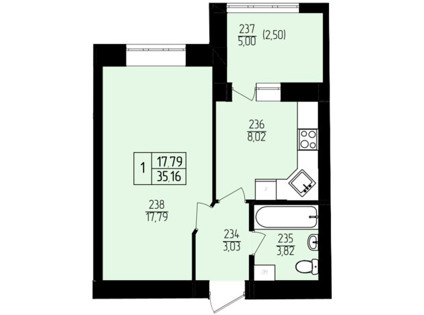 ЖК Амстердам: планування 1-кімнатної квартири 35.16 м²