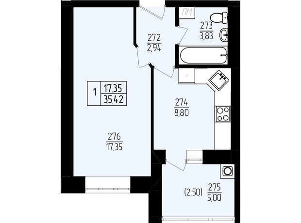 ЖК Амстердам: планування 1-кімнатної квартири 35.79 м²