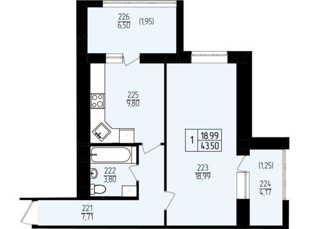 ЖК Амстердам: планування 1-кімнатної квартири 38.92 м²