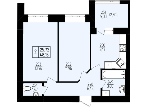 ЖК Амстердам: планування 2-кімнатної квартири 48.14 м²