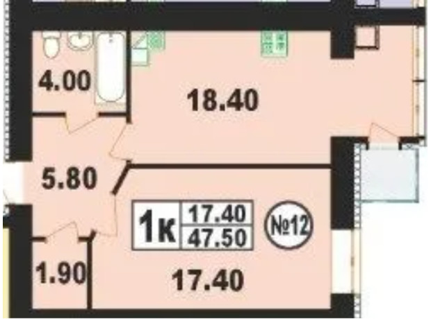 ЖК вул. Степана Бандери, 80: планування 1-кімнатної квартири 47.5 м²