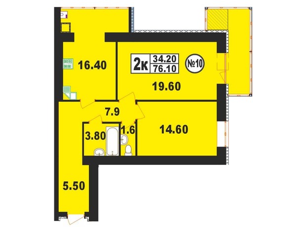 ЖК вул. Степана Бандери, 80: планування 2-кімнатної квартири 76.1 м²