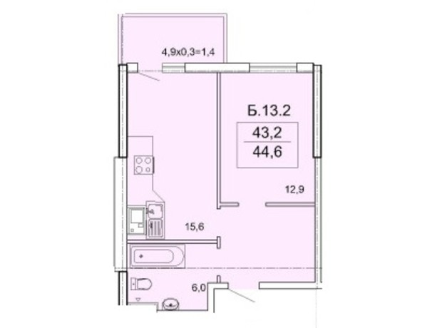 ЖК Акрополь: планування 1-кімнатної квартири 44.6 м²