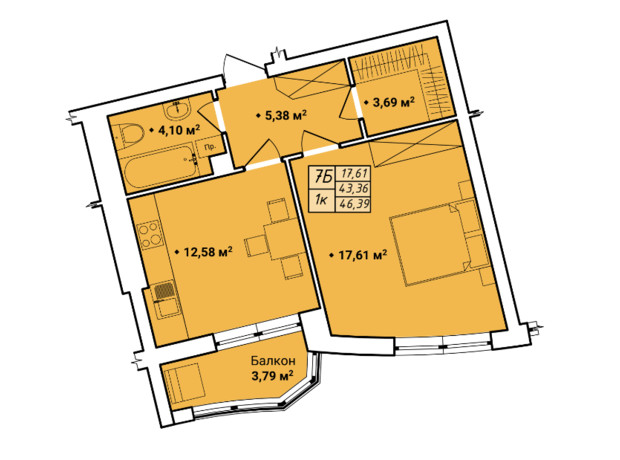 ЖК Amber Park: планировка 1-комнатной квартиры 44.77 м²