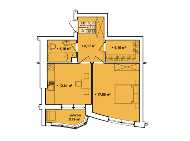 ЖК Amber Park: планировка 1-комнатной квартиры 48.95 м²