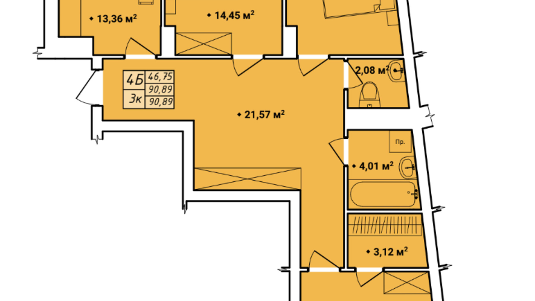 Планировка 3-комнатной квартиры в ЖК Amber Park 89.94 м², фото 613535