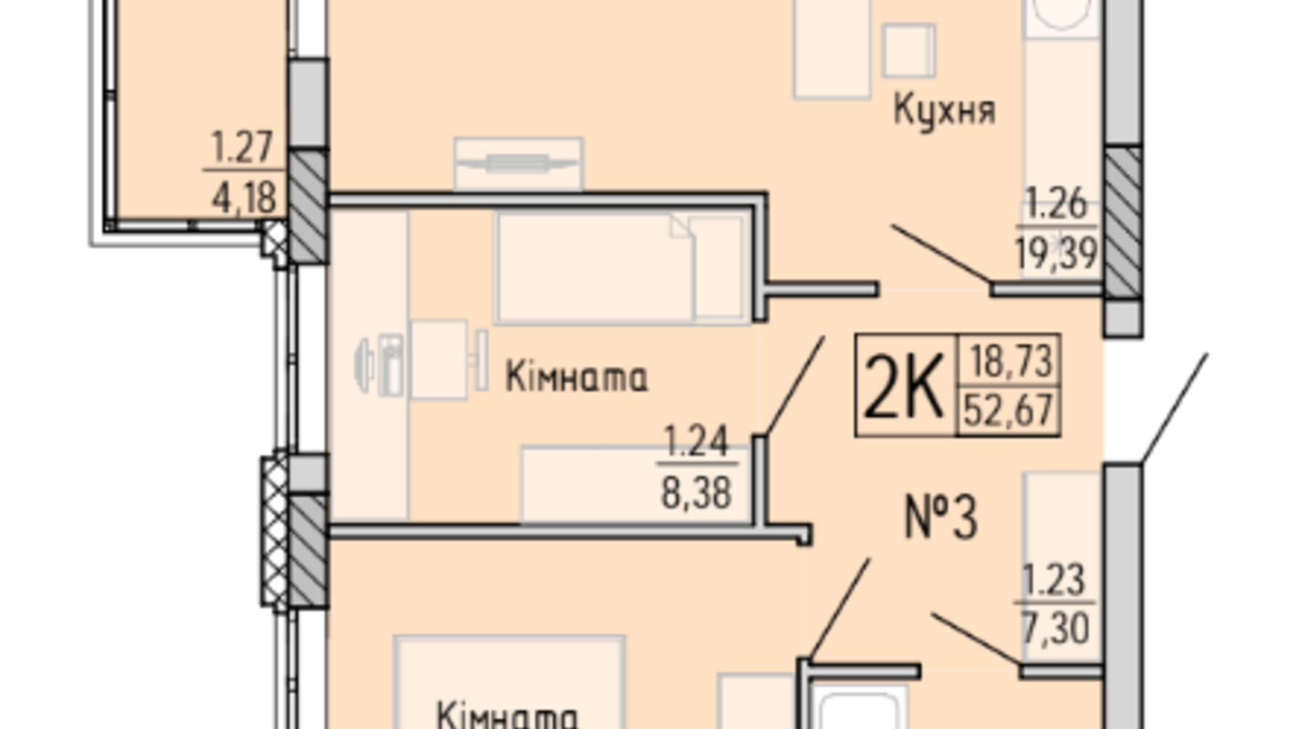Планування 1-кімнатної квартири в ЖК Акварель 4 53.1 м², фото 613776