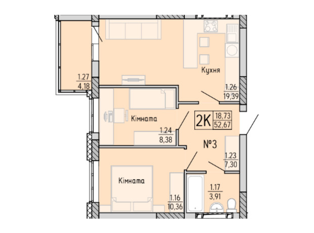 ЖК Акварель 4: планування 1-кімнатної квартири 53.1 м²