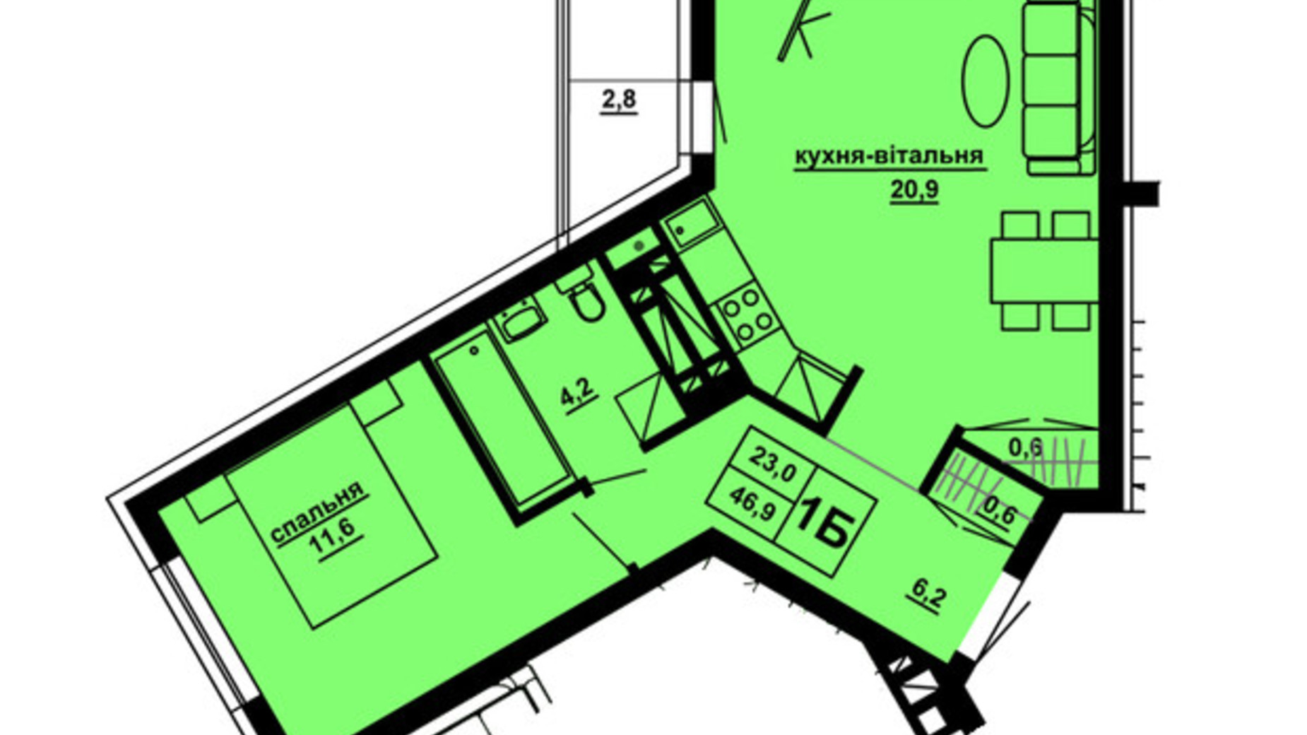 Планировка 1-комнатной квартиры в ЖК Варшавский микрорайон, 7 очередь 46.9 м², фото 614060