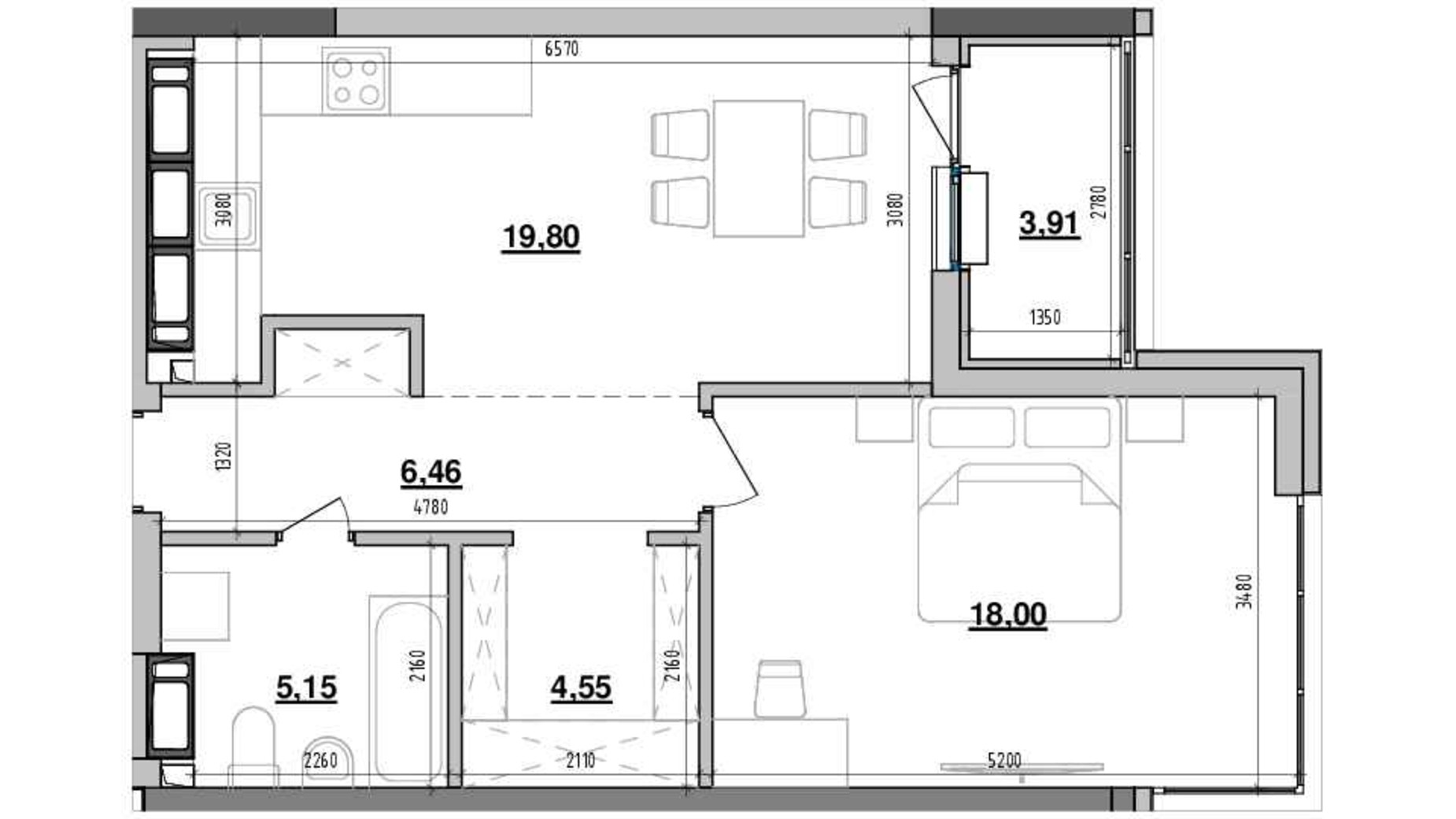 Планировка 1-комнатной квартиры в ЖК Maxima Residence 57.87 м², фото 614061