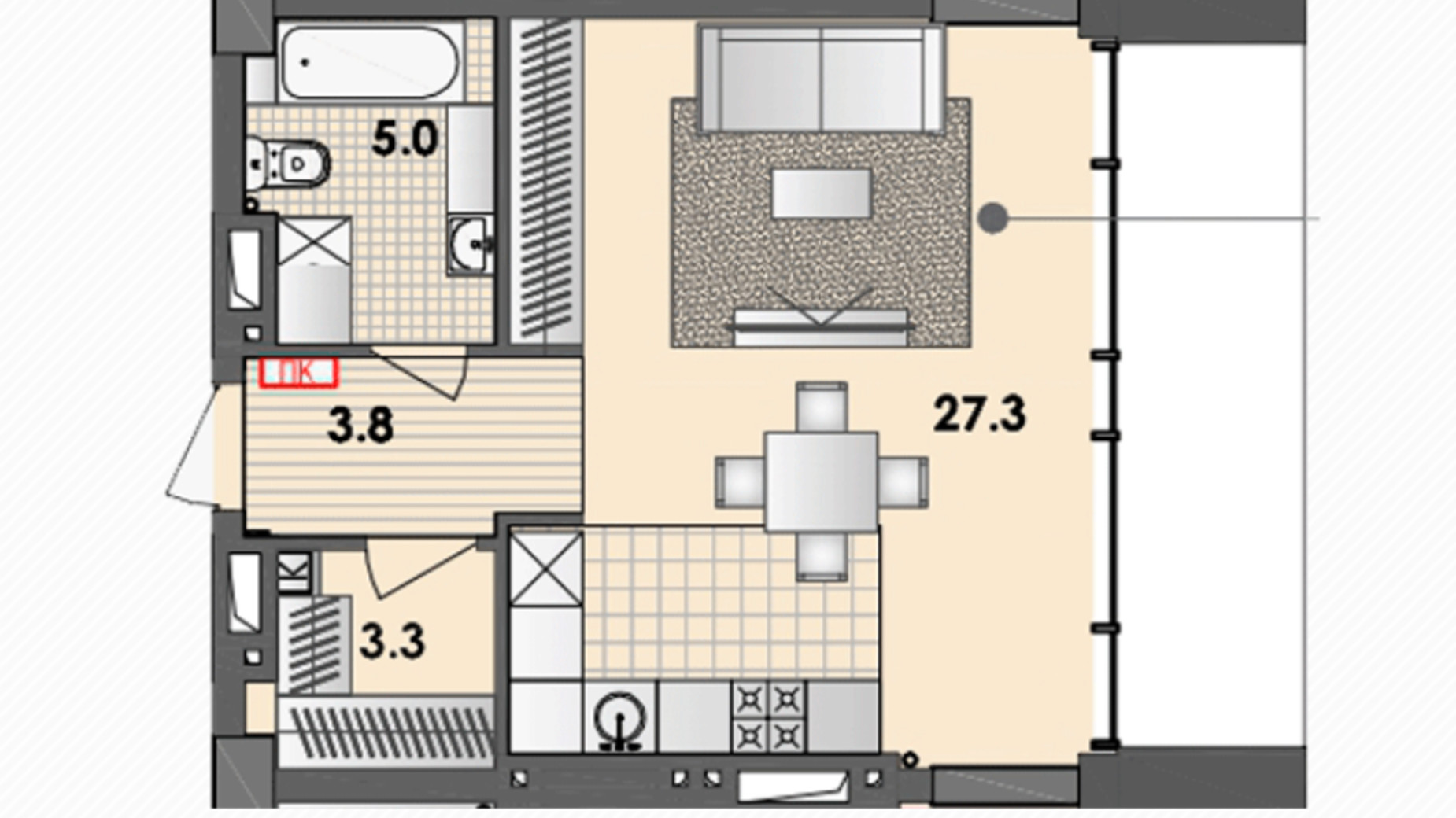 Планування 1-кімнатної квартири в ЖК Respect Hall 39.7 м², фото 614141