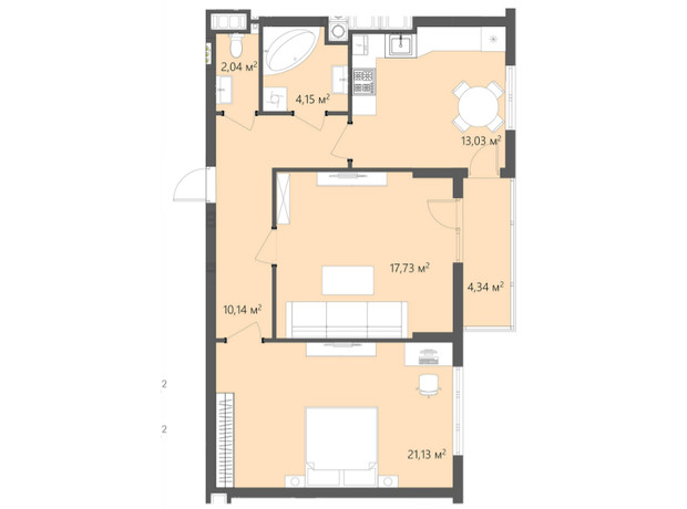 ЖК Greenhouse City: планировка 2-комнатной квартиры 72.56 м²