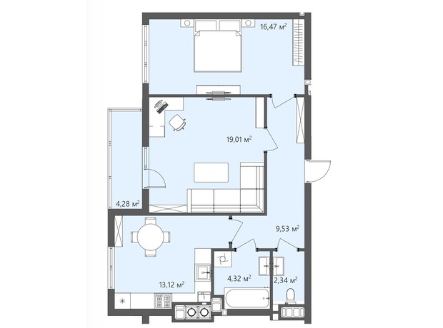 ЖК Greenhouse City: планування 2-кімнатної квартири 69.07 м²