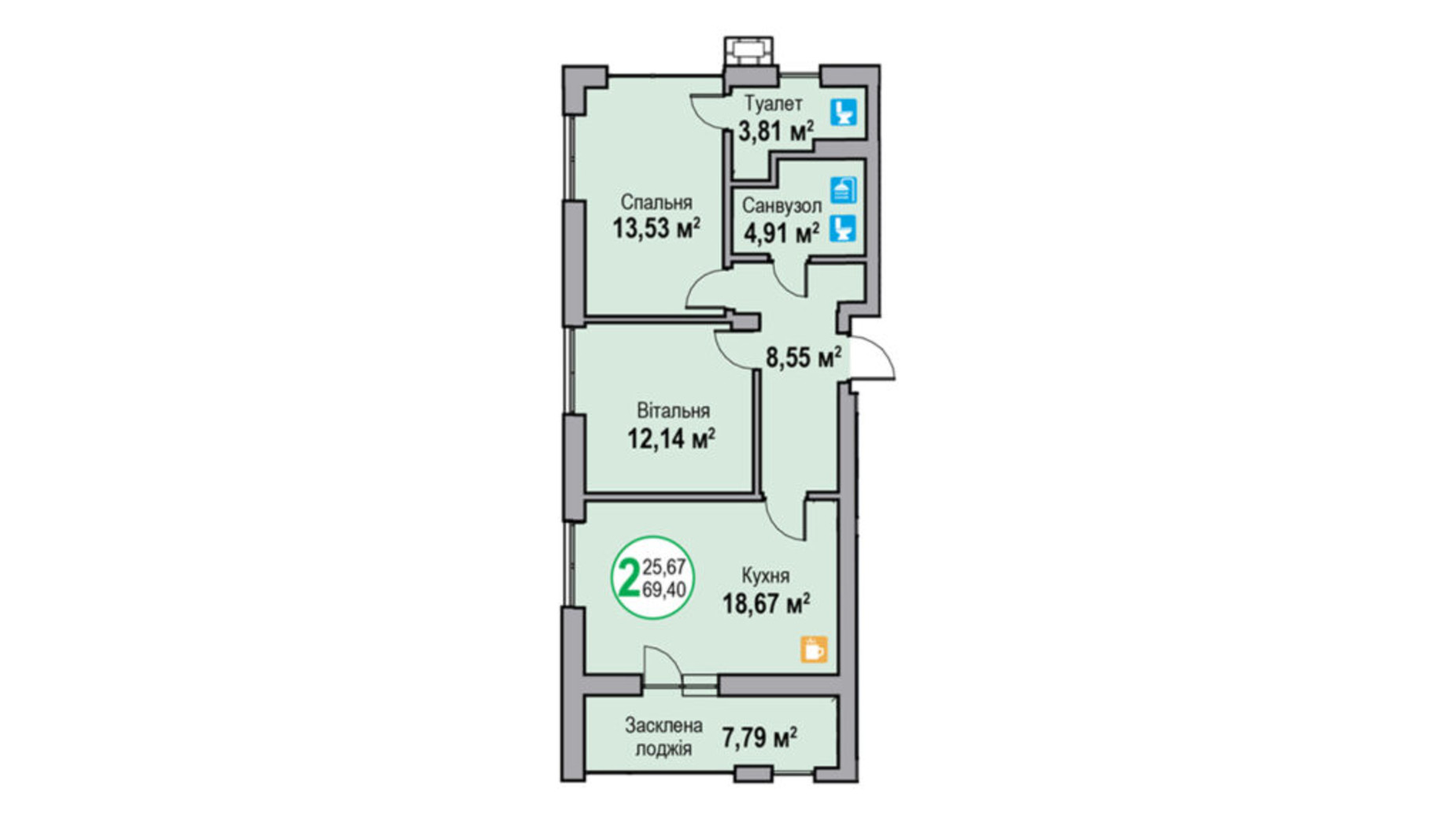 Планировка 2-комнатной квартиры в ЖК Эко-Дом на Надийний 69.32 м², фото 614176