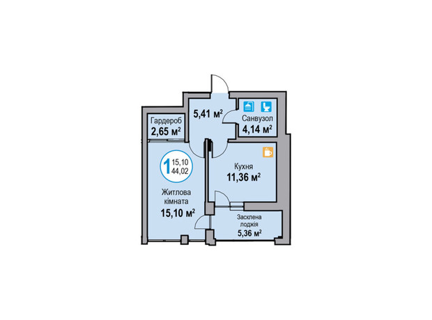 ЖК Еко-Дім на Надійній: планування 1-кімнатної квартири 44.02 м²