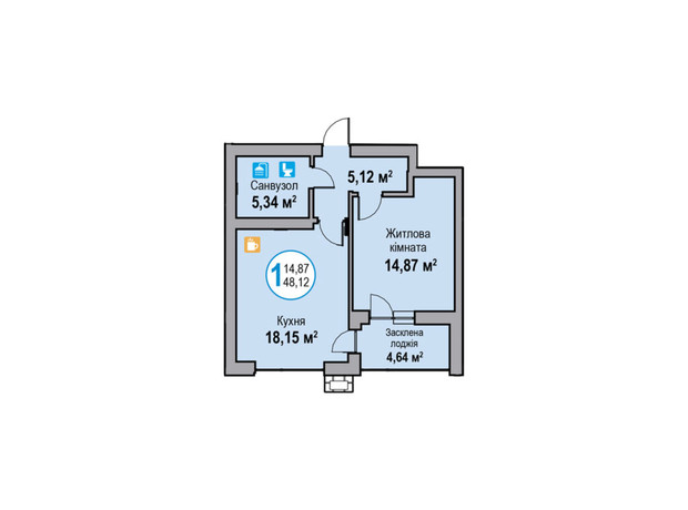 ЖК Еко-Дім на Надійній: планування 1-кімнатної квартири 48.12 м²