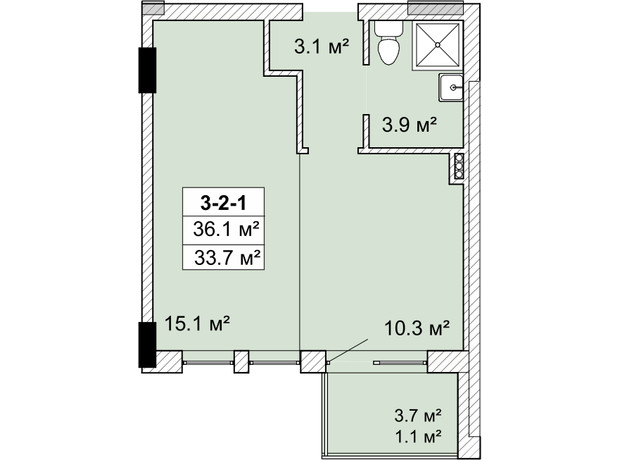 ЖК Smart City - 2: планировка 1-комнатной квартиры 33.7 м²