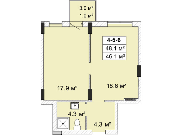 ЖК Smart City - 2: планировка 1-комнатной квартиры 46.2 м²