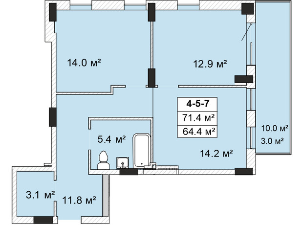 ЖК Smart City - 2: планировка 2-комнатной квартиры 64.66 м²