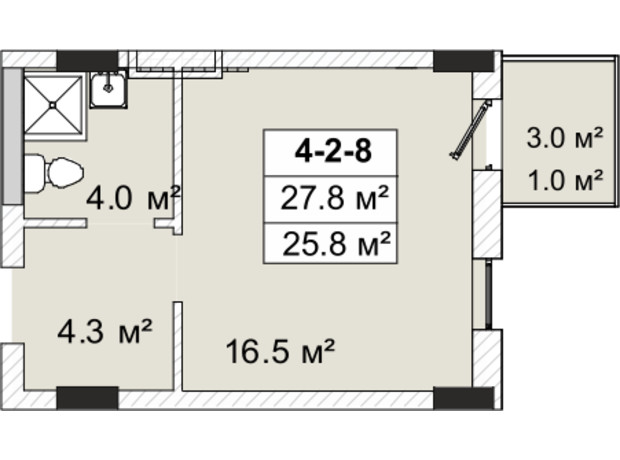 ЖК Smart City - 2: планировка 1-комнатной квартиры 25.8 м²