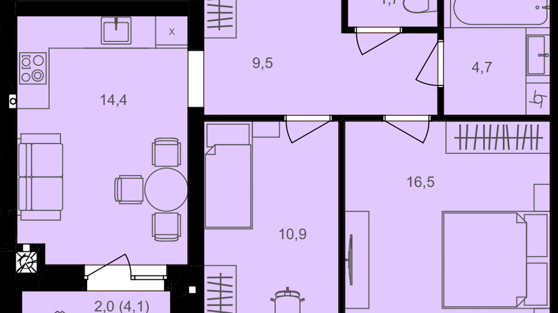 Планировка 2-комнатной квартиры в ЖК Lavanda Park 59.7 м², фото 614331