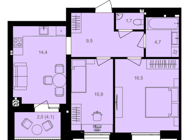 ЖК Lavanda Park: планування 2-кімнатної квартири 59.7 м²