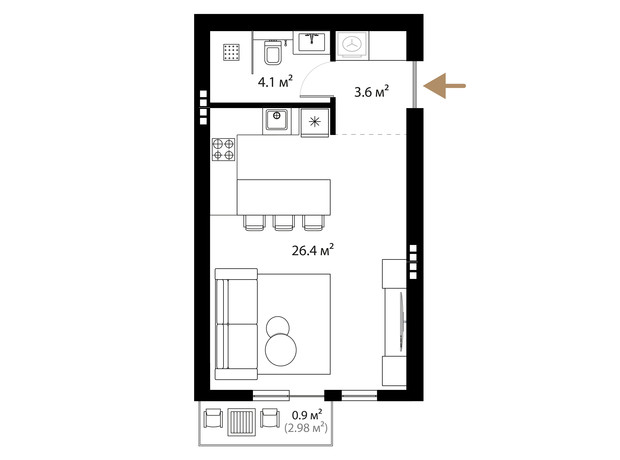 ЖК Grand Hills: планировка 1-комнатной квартиры 35 м²