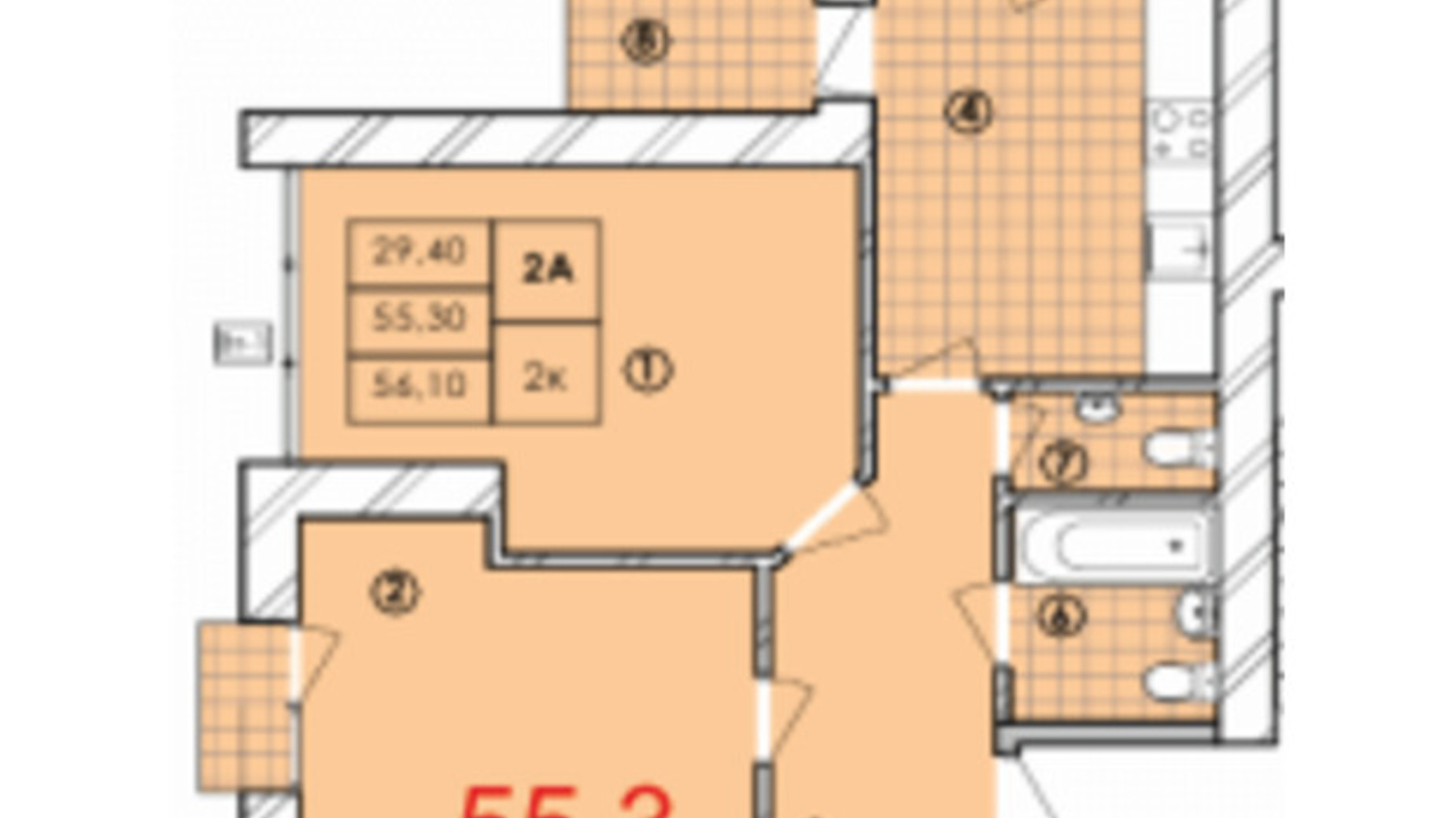 Планировка 2-комнатной квартиры в ЖК Крайобраз 55.3 м², фото 614404