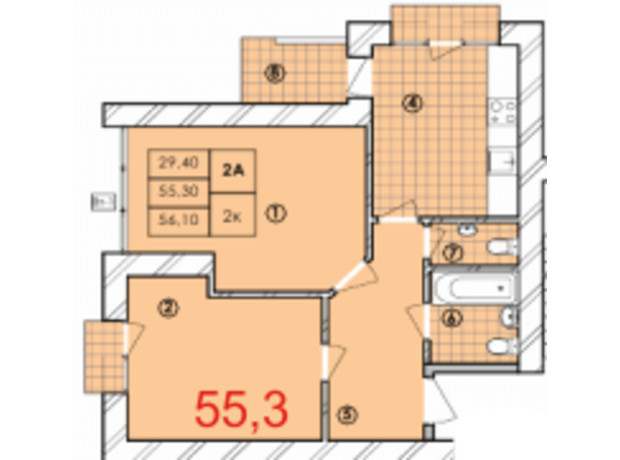 ЖК Крайобраз: планировка 2-комнатной квартиры 55.3 м²