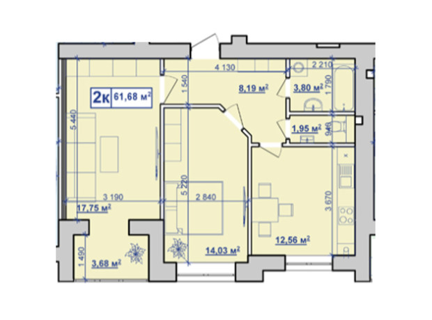 ЖК Парковий маєток: планировка 2-комнатной квартиры 62.4 м²