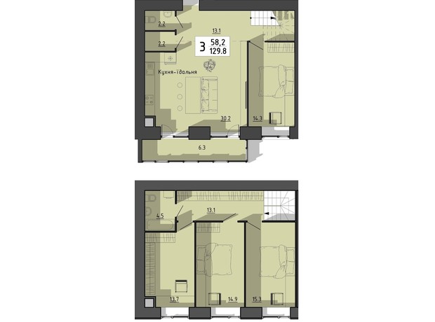 ЖК Файне місто: планування 3-кімнатної квартири 129.8 м²