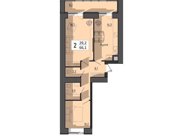 ЖК Файне місто: планировка 2-комнатной квартиры 66.1 м²