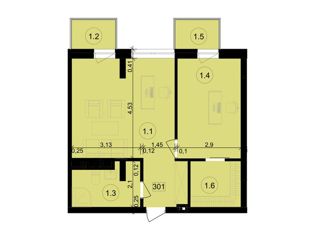 Бизнес центр Парковый: планировка помощения 50.81 м²