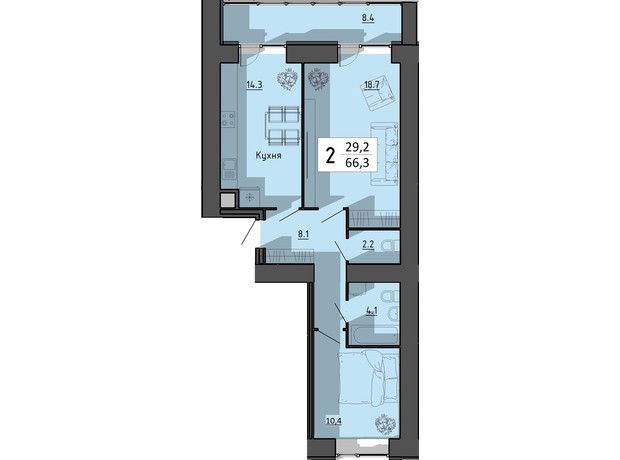 ЖК Файне місто: планировка 2-комнатной квартиры 66.3 м²