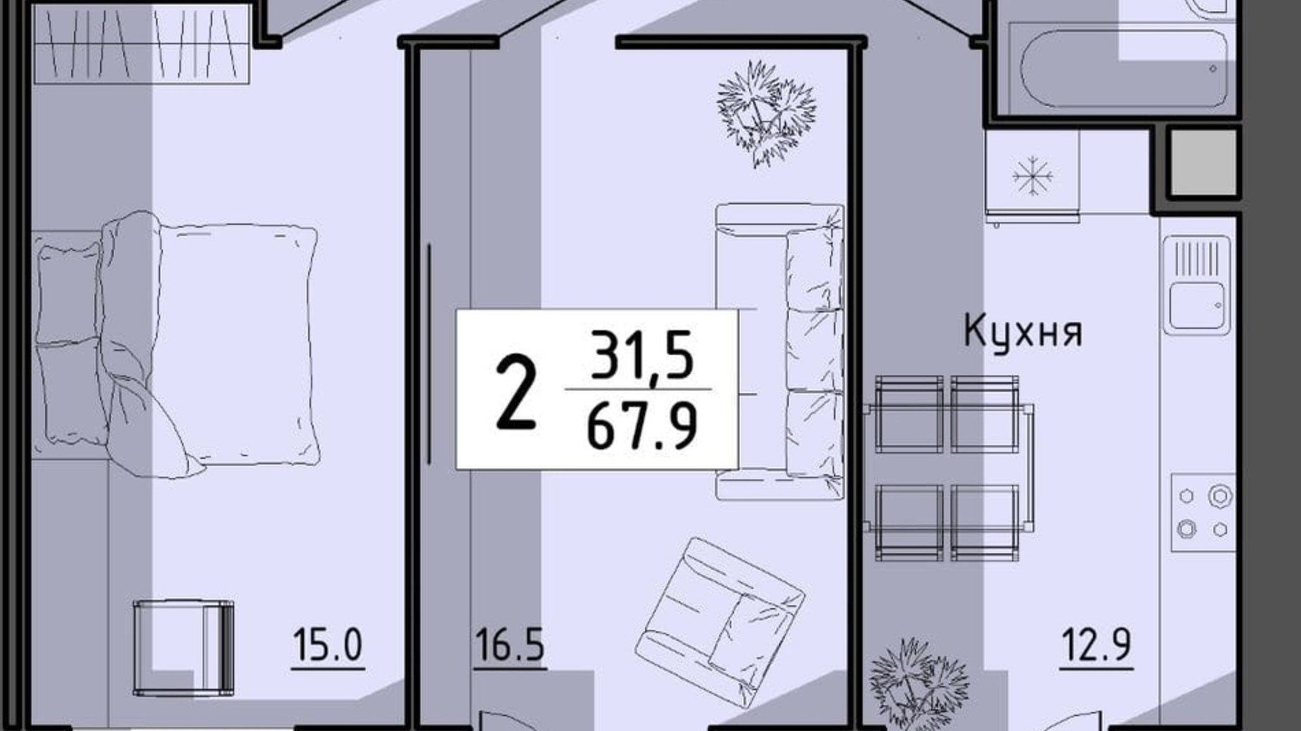 Планування 2-кімнатної квартири в ЖК Файне місто 67.9 м², фото 614892