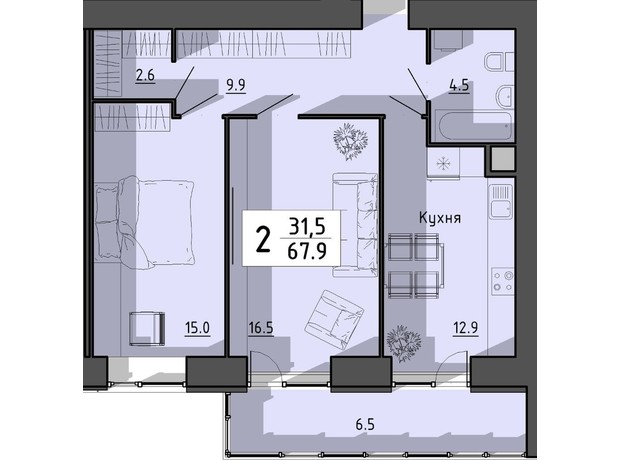 ЖК Файне місто: планування 2-кімнатної квартири 67.9 м²