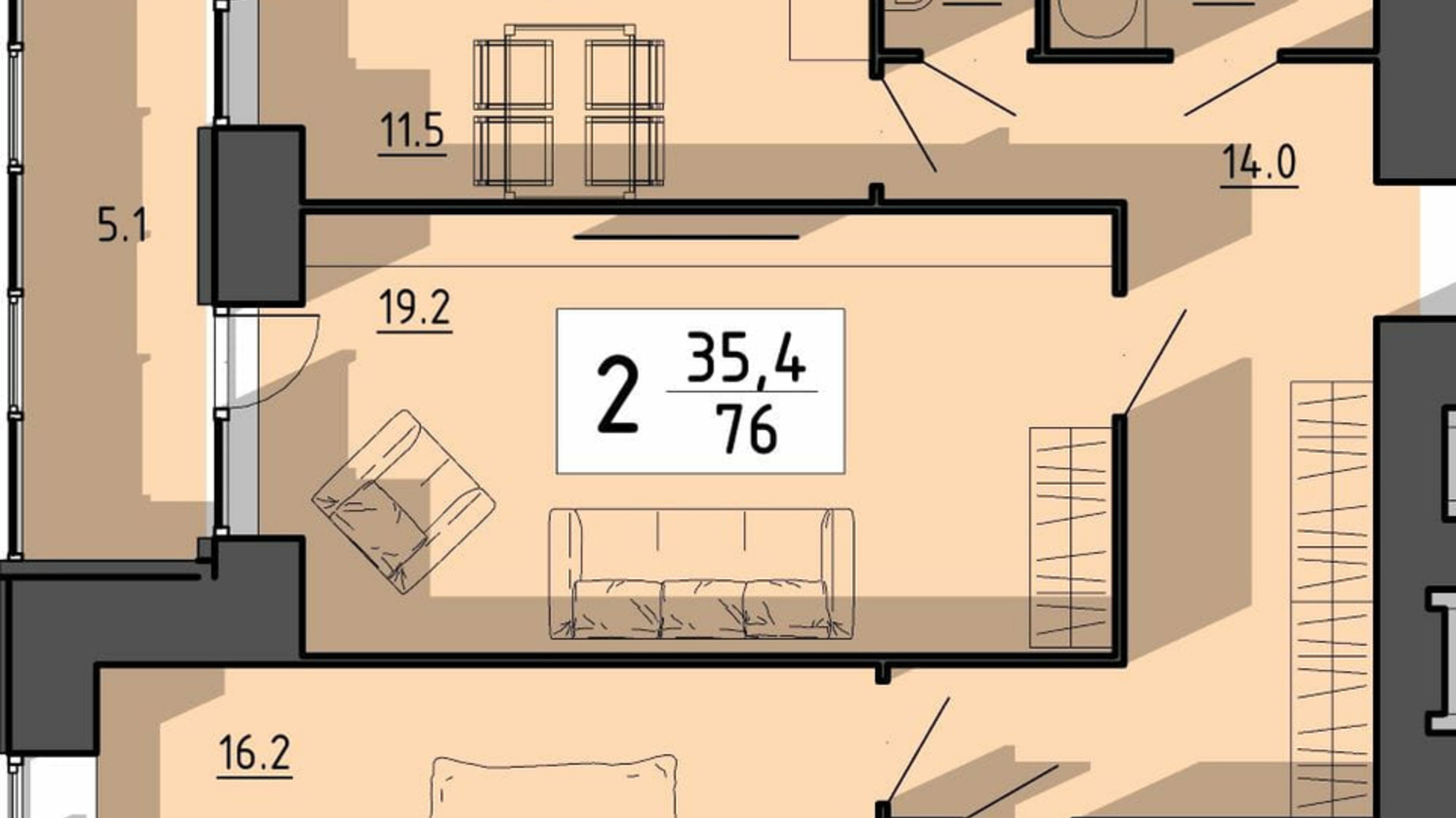 Планування 2-кімнатної квартири в ЖК Файне місто 76 м², фото 614897