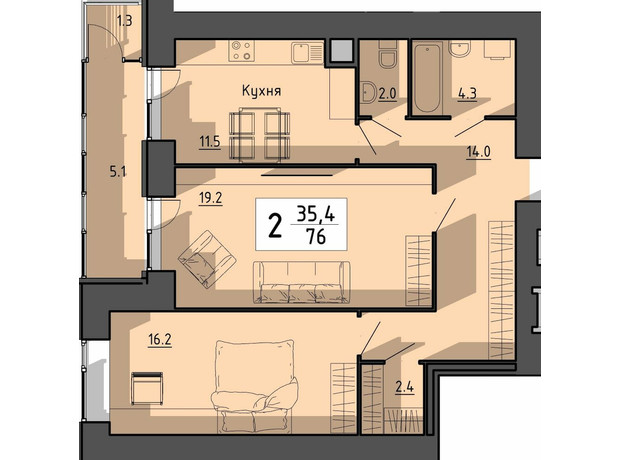 ЖК Файне місто: планування 2-кімнатної квартири 76 м²