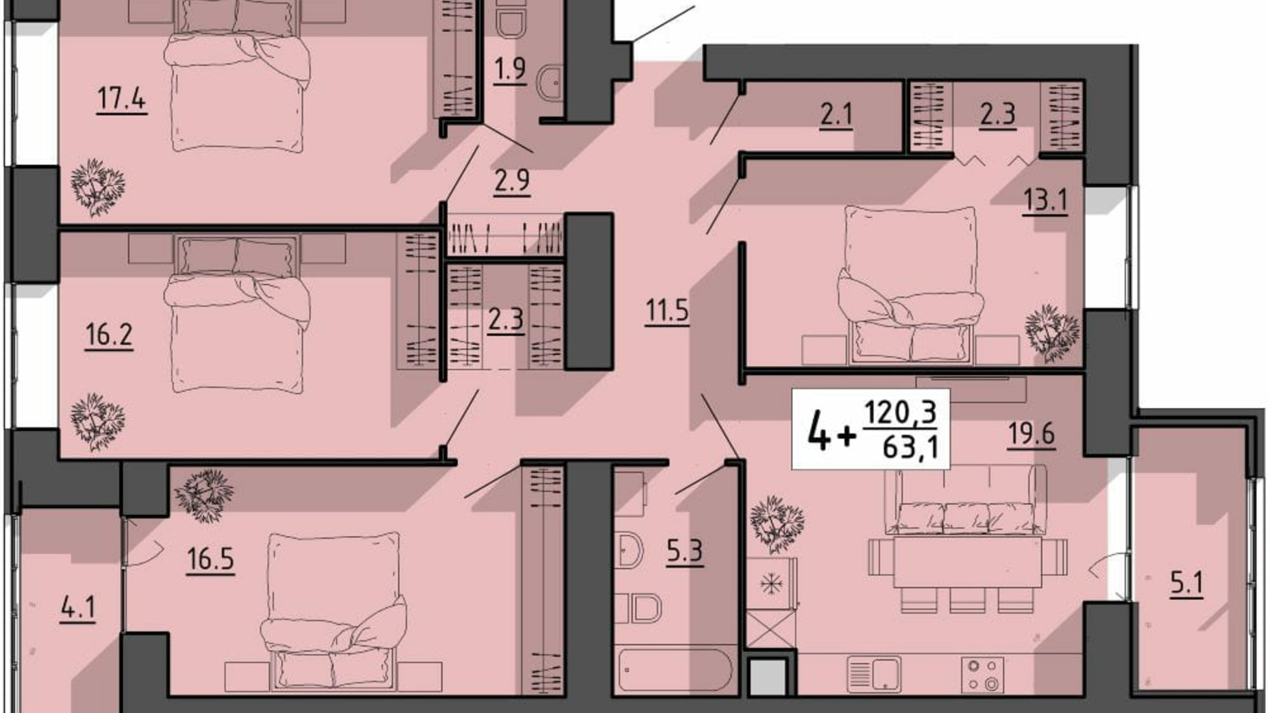 Планування 4-кімнатної квартири в ЖК Файне місто 120.3 м², фото 614898