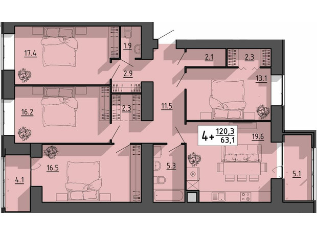 ЖК Файне місто: планировка 4-комнатной квартиры 120.3 м²