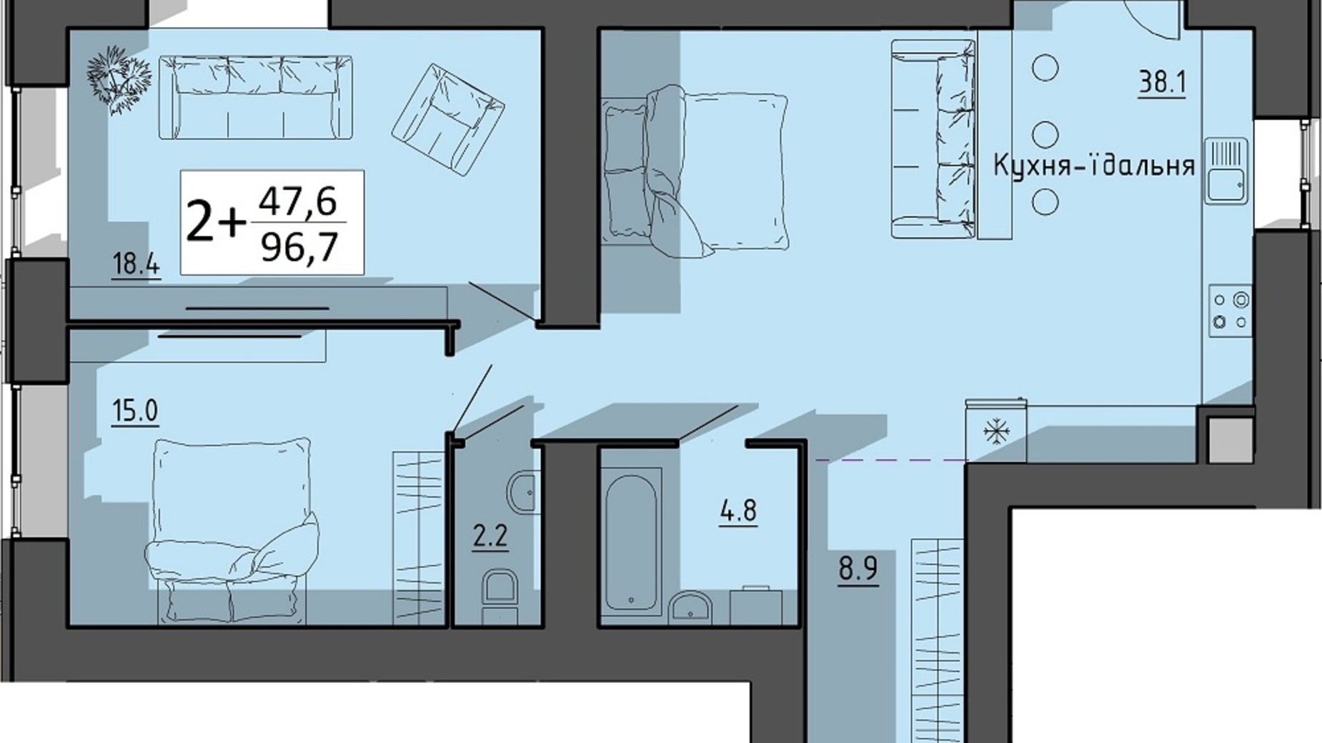 Планування 2-кімнатної квартири в ЖК Файне місто 96.7 м², фото 614899