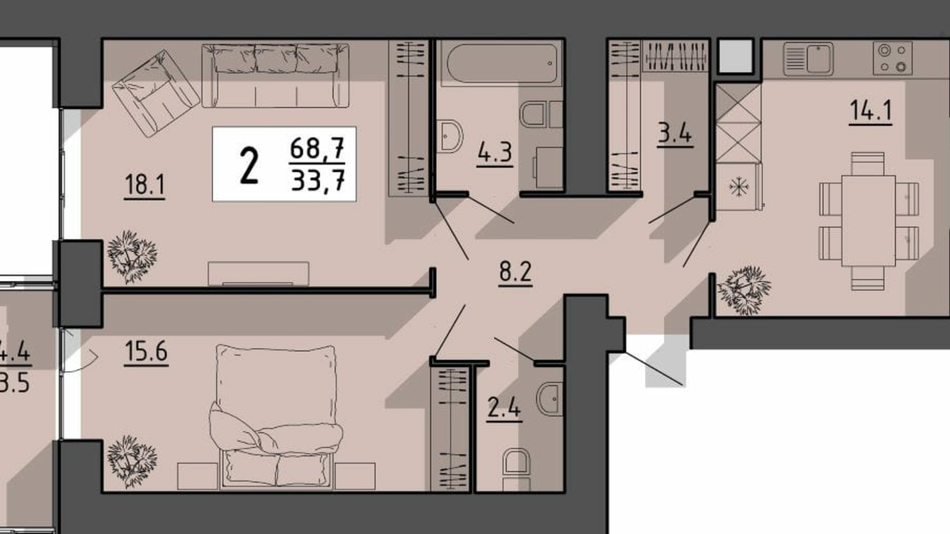 Планировка 2-комнатной квартиры в ЖК Файне місто 68.7 м², фото 614900